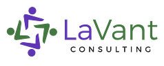 LaVant Consulting logo. Abstract purple and green people make up 4 corners of a square.