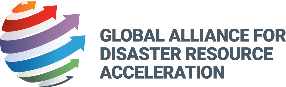 Rainbow logo for Global Alliance for Disaster Resource Acceleration with 6 arrows (one each color - orange, red, purple, blue green, and gray) wrapping around an abstract globe. Gray text.