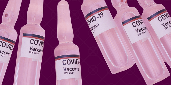 Graphic with a collage of COVID-19 vaccine vials.