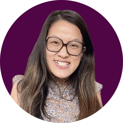 Headshot image of Sarah Kim, an Asian woman with brown hair wearing glasses and smiling.