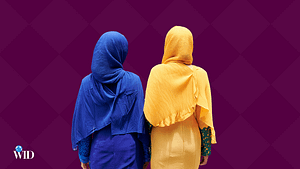 Graphic of two women wearing hijabs standing with their backs turned.