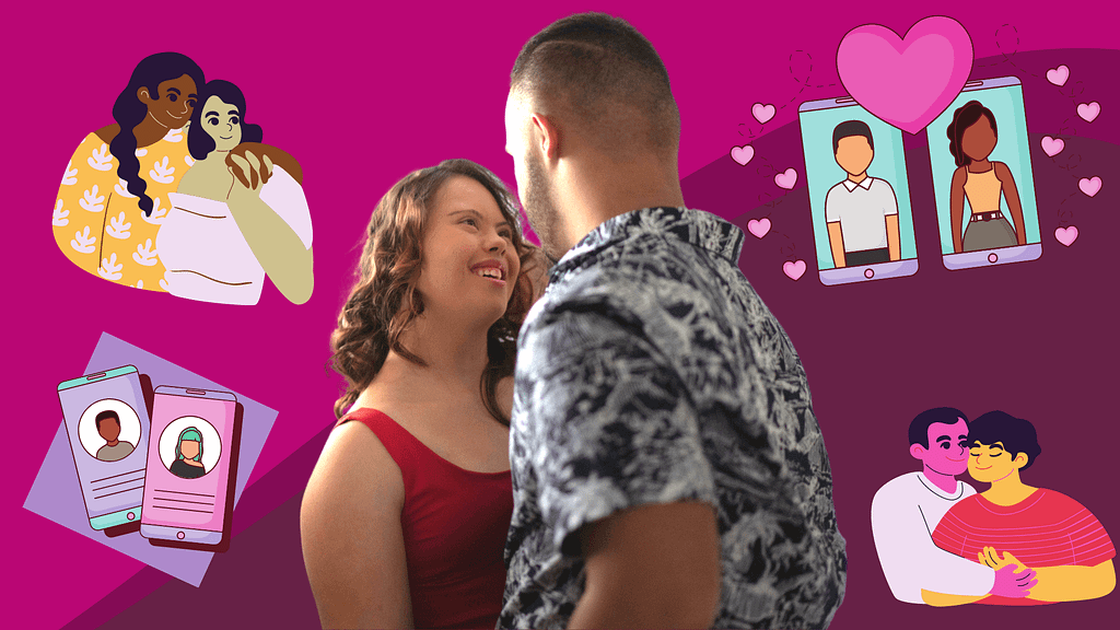 A couple with Down syndrome stare into eachother's eyes. Illustrations of couples with different genders surround them.