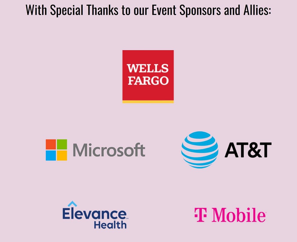 Text with 3 sponsor logos. Text: With Special Thanks to our Event Sponsors and Allies. Wells Fargo logo large and centered, with Microsoft, AT&T, Elevance Health and T Mobile logos smaller underneath.