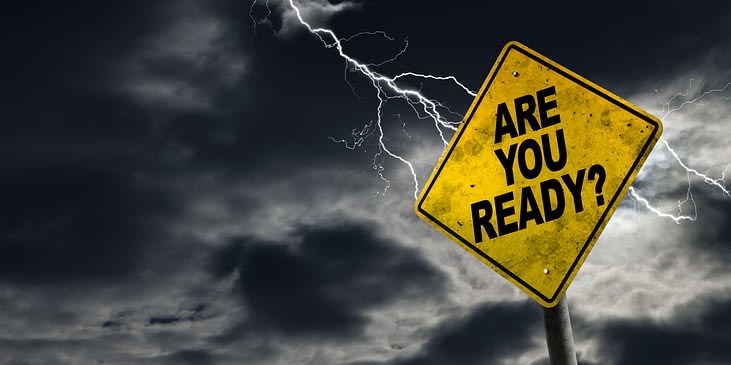 Decorative banner with lightning storm, focus on a sign that says, are you ready?