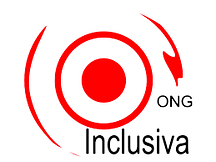 ONG Inclusiva logo. Red circle with circular swirl surrounding it. Black text.