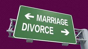 Illustration of road sign with the words “marriage” and “divorce” printed.