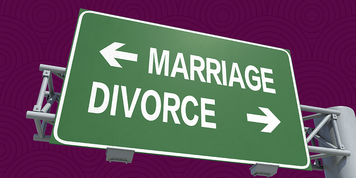 Illustration of road sign with the words “marriage” and “divorce” printed.