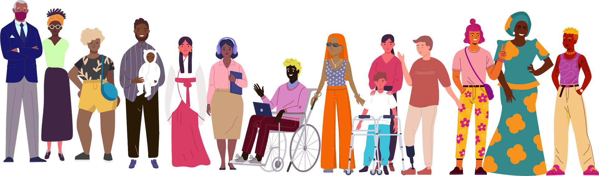 Illustrations of a second set of 15 diverse disabled people, with vibrant diversity in race, age, gender, culture, type of disability, size, and clothing choices.