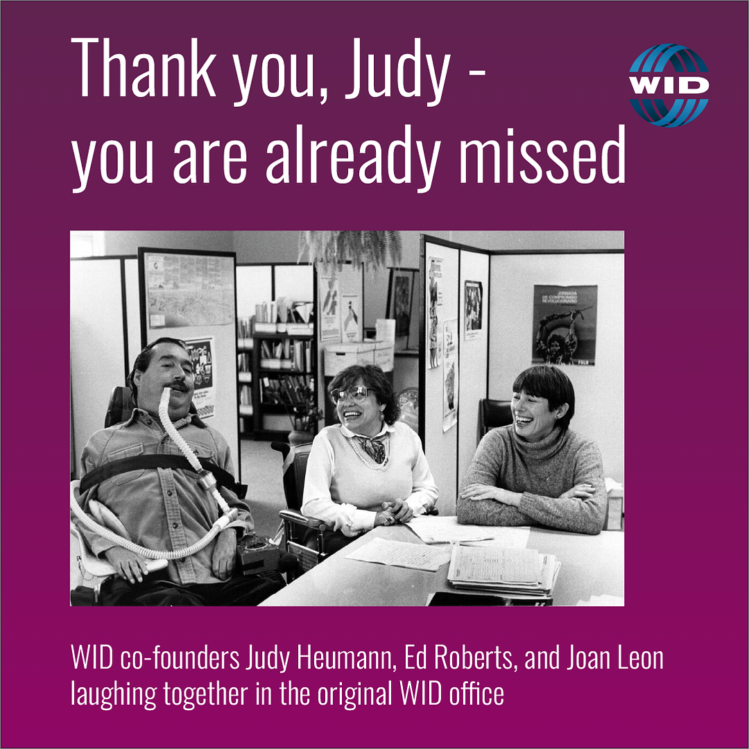 Photo of Ed, Judy and Joan in WID's original office. Text: Thank you Judy, you are already missed