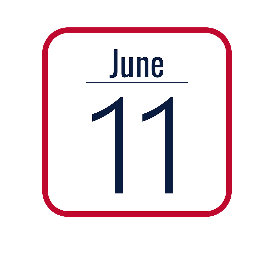 calendar page icon with a red rounded border on a black background, displaying the month 'June' above the number '11' in dark navy text.