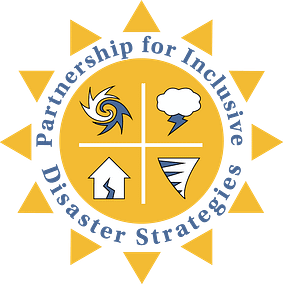Logo for The Partnership for Inclusive Disaster Strategies. Yellow sun with hurricane, earthquake, tornado, and storm cloud icons inside.