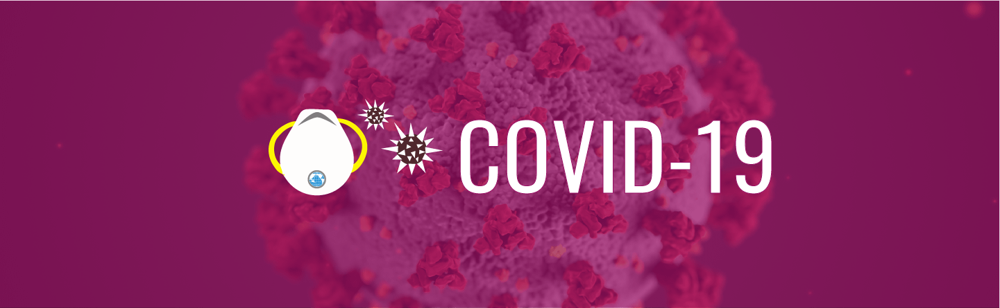 Banner text: COVID-19. Icon of N-95 mask with tiny WID globe on the filter, and two oversized coronavirus molecules. Background photo of an enlarged illustration of COVID molecules with magenta tint.