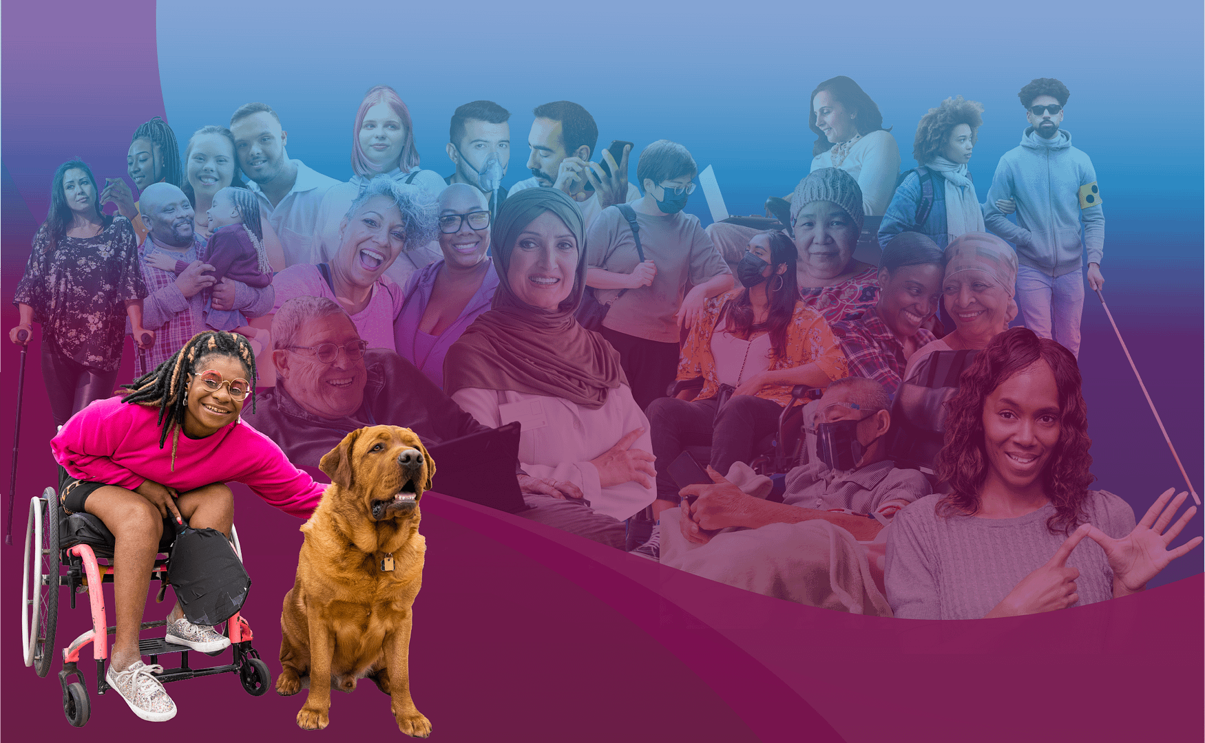 Home page decorative banner with 25 diverse people with disabilities collaged into one image.