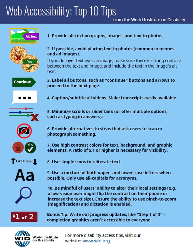 A screenshot of web accessibility top 10 tips, accessible PDF version available at the link.