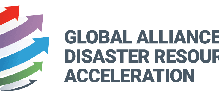 Rainbow logo for Global Alliance for Disaster Resource Acceleration with 6 arrows (one each color - orange, red, purple, blue green, and gray) wrapping around an abstract globe. Gray text.