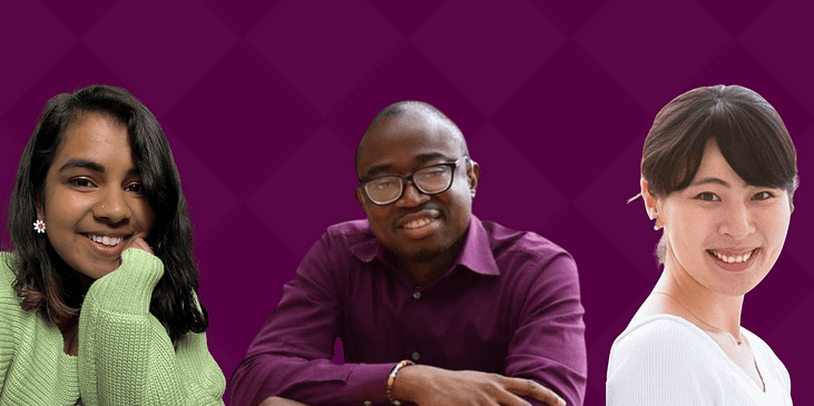 Headshot images from left to right: Neha Balachandran, Olufemi Ige and Ai Minekawa, deaf students from Gallaudet University
