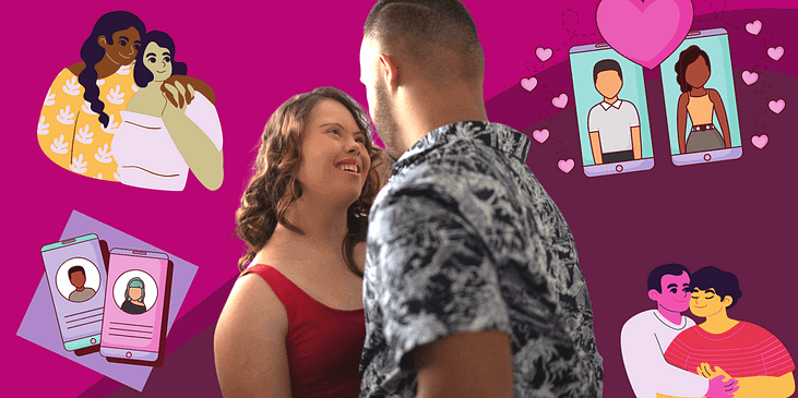 A couple with Down syndrome stare into eachother's eyes. Illustrations of couples with different genders surround them.