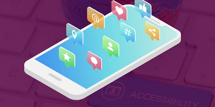Illustration of a smartphone with various social media icons coming out of it.
