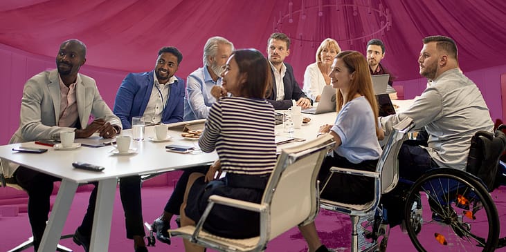 a group of people, including a man who is sitting in a wheelchair sit at a conference room table