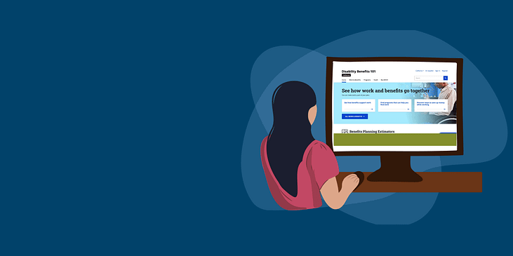 Decorative image with an illustration of a person standing at a desk looking at the CA DB101 website.