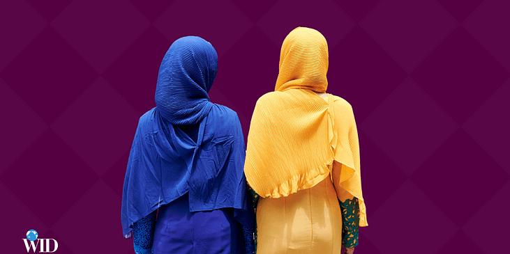 Graphic of two women wearing hijabs standing with their backs turned.